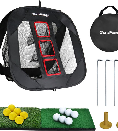 Pop-Up Golf Chipping Net Set - Foldable Training Kit with 2 Hitting Mats, 6 Practice Balls, 6 Foam Balls - Ultimate Golf Gift & Target Chipping Aids