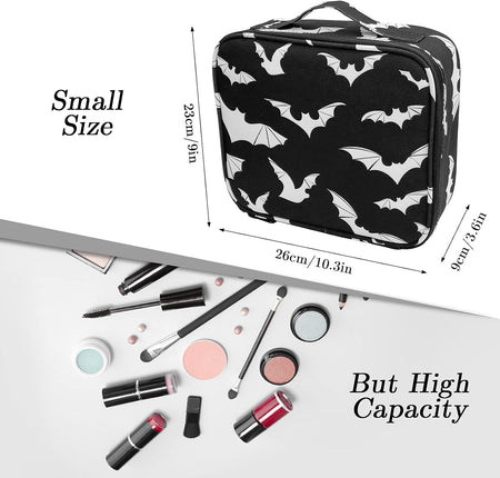 Goth Makeup Organizer Bag, Halloween Makeup Bags Large Cosmetic Bag with Adjustable Dividers Portable Bat Cosmetic Case for Cosmetics Makeup Brushes Toiletry Jewelry(Black Bats)