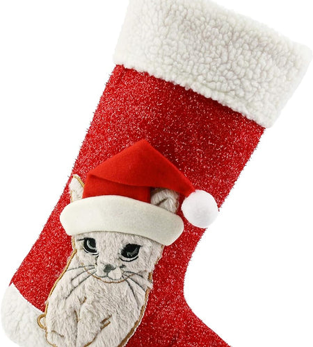 20'' Cute Cat Christmas Stockings Embroidered Xmas Socks Holiday Party Pet Theme Gift for Kitty