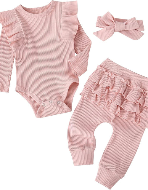 Load image into Gallery viewer, Baby Girl&#39;S 3Pc Rib Frill Long Sleeve Romper and Pant Set
