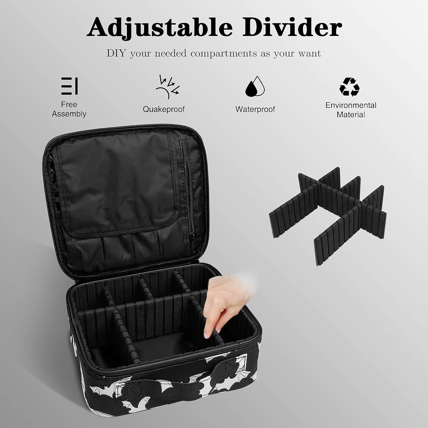 Goth Makeup Organizer Bag, Halloween Makeup Bags Large Cosmetic Bag with Adjustable Dividers Portable Bat Cosmetic Case for Cosmetics Makeup Brushes Toiletry Jewelry（Black Bats）