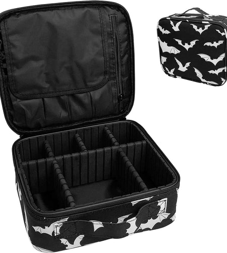 Goth Makeup Organizer Bag, Halloween Makeup Bags Large Cosmetic Bag with Adjustable Dividers Portable Bat Cosmetic Case for Cosmetics Makeup Brushes Toiletry Jewelry（Black Bats）