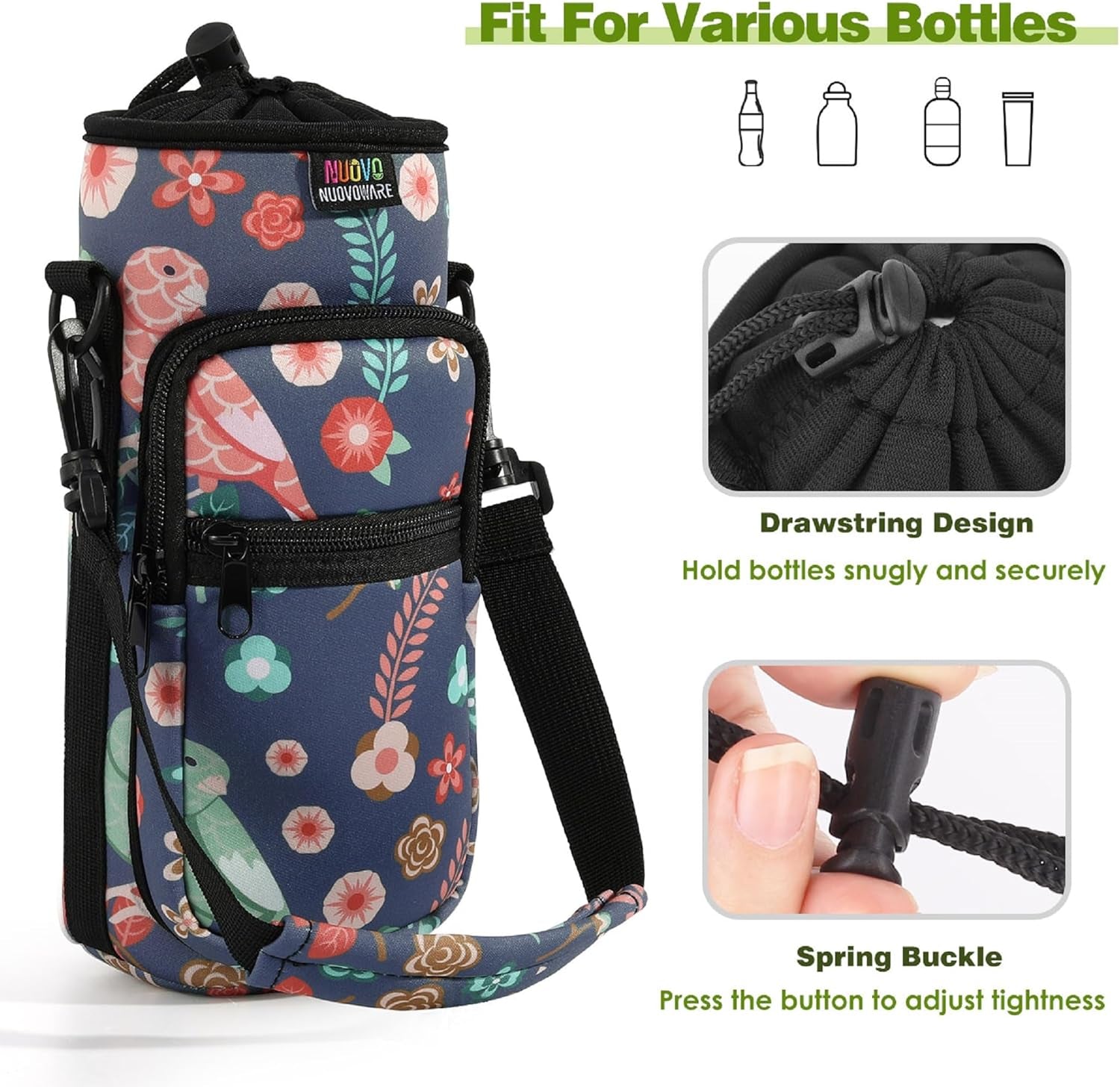 Water Bottle Carrier Bag, Bottle Pouch Holder, Adjustable Shoulder Hand Strap 2 Pocket Sling Neoprene Sleeve Sports Water Bottle Accessories for Men Women Kids Hiking Travelling Camping