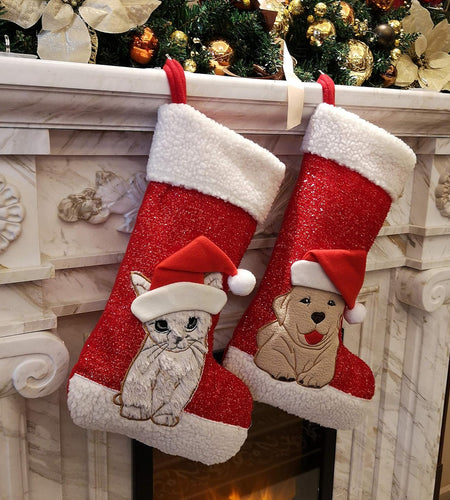 20'' Cute Cat Christmas Stockings Embroidered Xmas Socks Holiday Party Pet Theme Gift for Kitty