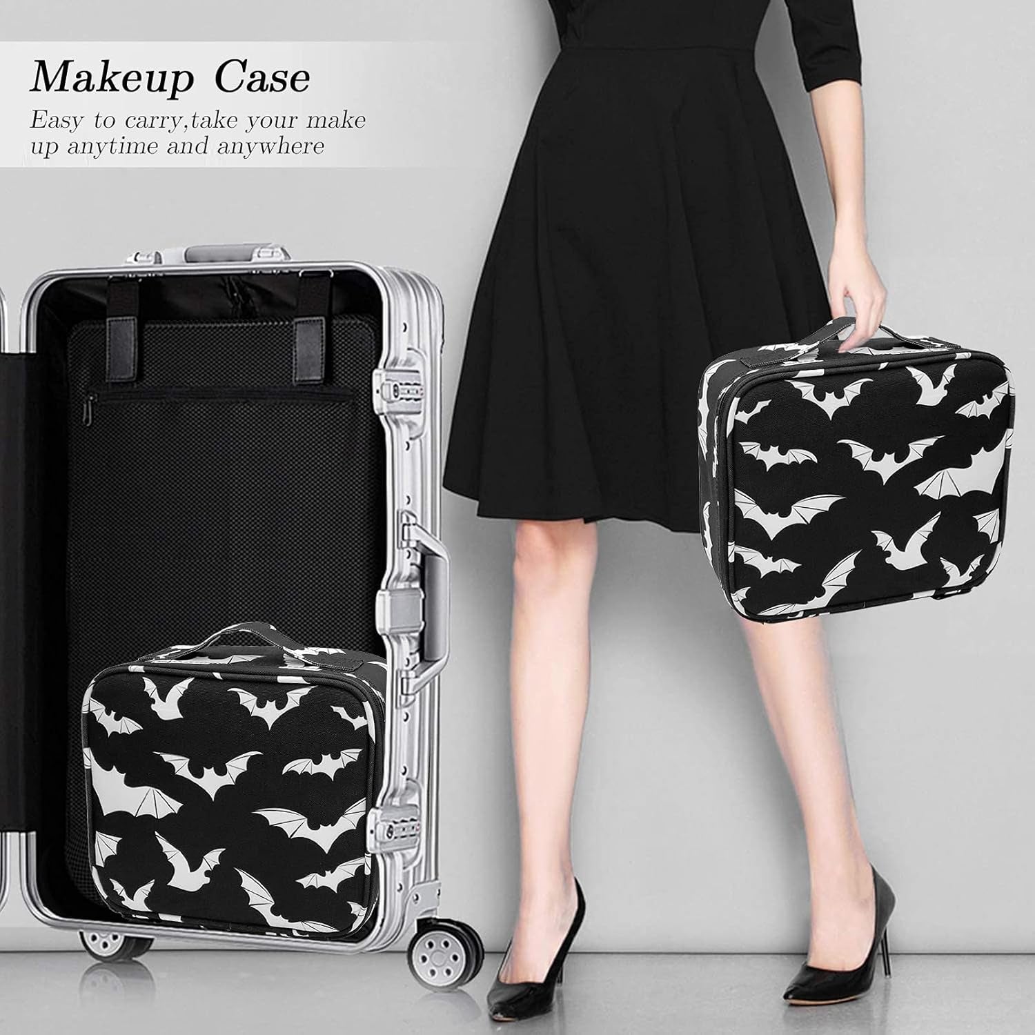 Goth Makeup Organizer Bag, Halloween Makeup Bags Large Cosmetic Bag with Adjustable Dividers Portable Bat Cosmetic Case for Cosmetics Makeup Brushes Toiletry Jewelry（Black Bats）