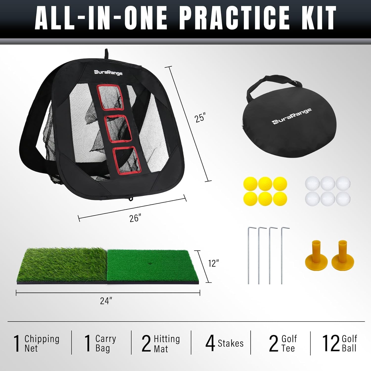 Pop-Up Golf Chipping Net Set - Foldable Training Kit with 2 Hitting Mats, 6 Practice Balls, 6 Foam Balls - Ultimate Golf Gift & Target Chipping Aids