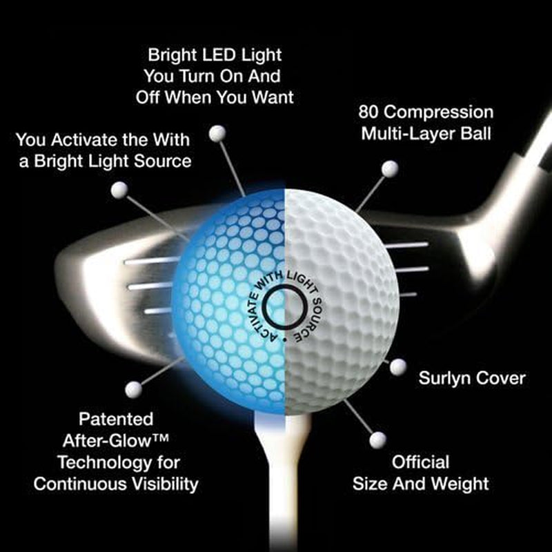 Light up LED Golf Balls (6 Ball Pack) - Professional Glowing Golf Balls with Internal LED Lights