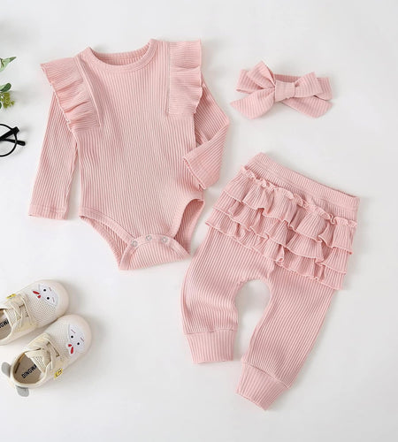 Baby Girl'S 3Pc Rib Frill Long Sleeve Romper and Pant Set
