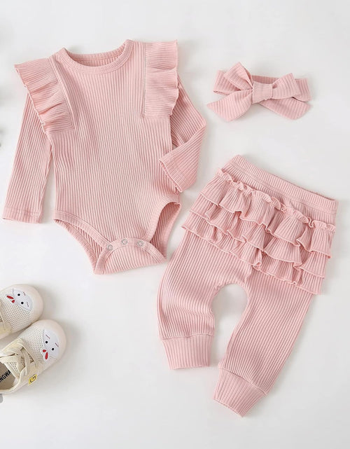 Load image into Gallery viewer, Baby Girl&#39;S 3Pc Rib Frill Long Sleeve Romper and Pant Set
