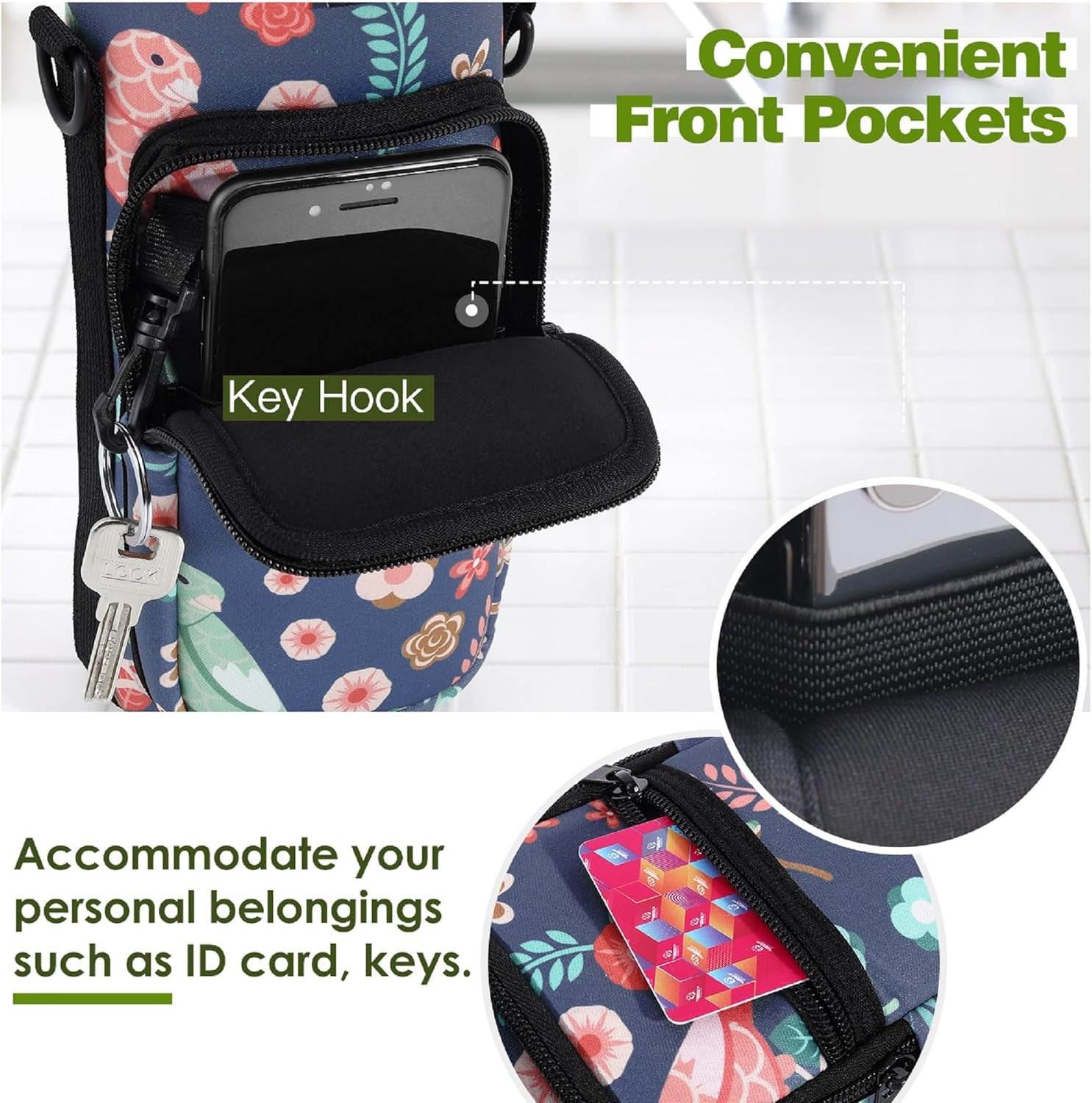 Water Bottle Carrier Bag, Bottle Pouch Holder, Adjustable Shoulder Hand Strap 2 Pocket Sling Neoprene Sleeve Sports Water Bottle Accessories for Men Women Kids Hiking Travelling Camping