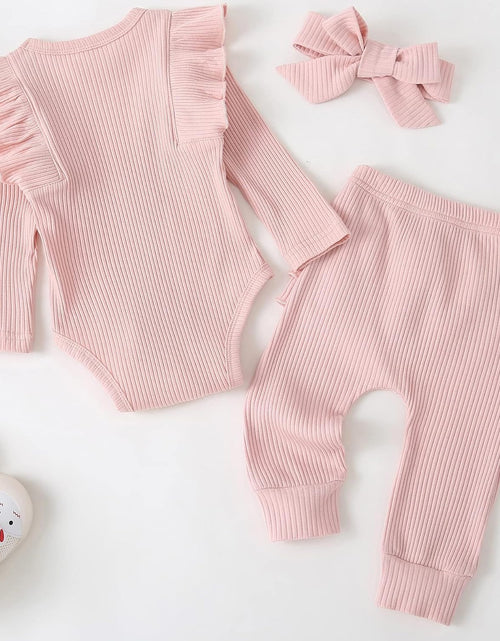 Load image into Gallery viewer, Baby Girl&#39;S 3Pc Rib Frill Long Sleeve Romper and Pant Set
