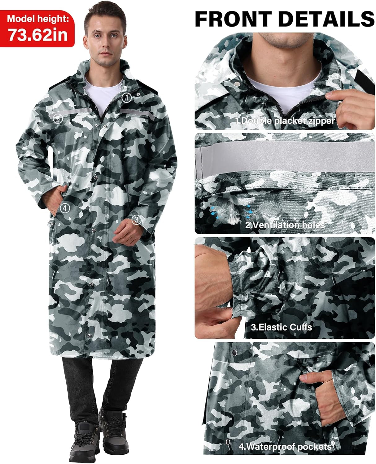 Raincoat Waterproof Long Rain Jacket Lightweight Rainwear Reflective with Packable Hood for Men Women Adults